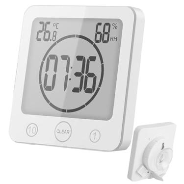 Imagem de BJLIFE Relógio de chuveiro à prova d'água, temporizador de chuveiro digital com alarme, tela sensível ao toque de temperatura e umidade, temporizador de parede de banheiro com orifício para pendurar