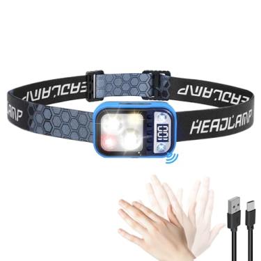 Imagem de Lanterna de cabeça LED recarregável com tela LCD, ultraleve em 3 cores com sensor de movimento, luz quente vermelha branca, 5 modos, 5 modos, à prova d'água, para acampamento ao ar livre, caminhadas