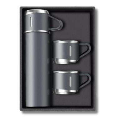 Imagem de Conjunto de Garrafa Térmica 500ml com 3 Canecas em Inox, para Bebidas Quentes e Frias, (CINZA)