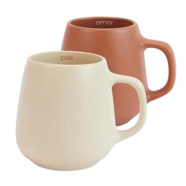 Imagem de Yogateria Conjunto de Xicara Caneca Vibes Porcelana Fosca Bojuda 260ml (Creme + Terracota | Paz e Amor)