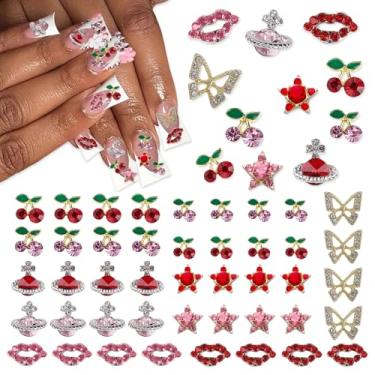 Imagem de KYLELOVE 55 Peças De Pingentes Unha Cereja Com Strass Vermelho Rosa Cerejas Arte Gemas Estrela Planeta Borboleta Joias Decorações Formato Saturno Acessórios Acrílico Para Mulheres E Meninas Artesana