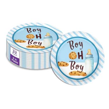 Imagem de Chá de bebê Boy oh Boy Milk and Cookie - 32 peças descartáveis de artigos de festa - Decorações para sobremesa chá de bebê pratos redondos de festa - Pratos de papel grandes de 23 cm a granel
