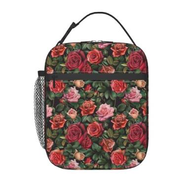 Imagem de ainori Lancheira floral reutilizável para crianças, meninas, mulheres, adultos, lancheira artística com flor de rosa, bolsa térmica de poliéster para escola, piquenique, trabalho, viagem, praia ou