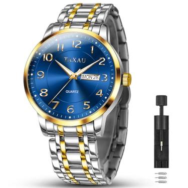 Imagem de Taxau Relógio masculino prata com mostrador grande e luxuoso, à prova d'água, analógico, quartzo, masculino, aço inoxidável, com mostrador luminoso e número romano, Azul dourado - G8405, round
