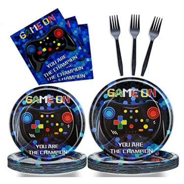 Imagem de 96 peças de pratos de festa de aniversário de videogame, guardanapos, garfos, suprimentos, utensílios de mesa, descartáveis, tema de jogos, decoração para crianças, festa de aniversário, serve 24