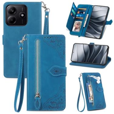 Imagem de Fofvccv Capa carteira para Xiaomi Redmi Note 14 5G com suporte para cartão e bolso com zíper, capa magnética flip de couro PU com alça de pulso suporte para Redmi Note 14 5G SZY azul