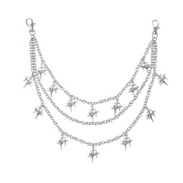 Imagem de Calça de hip hop com pingente de estrela, três camadas, corrente para mulheres e homens, prata, gótico, punk, rock, jeans, carteira, cinto de cintura, correntes de barriga, chaveiro de rua gótico