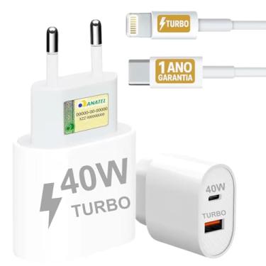 Imagem de Carregador Turbo 40W Compatível iPhone 7 8 X XR XS 11 12 13 14 Pro Max Plus iPad iOS Cabo USB-C Lightning Duas Saídas USB-A Tipo-C Carga Rápida PD Ultra Resistente Premium Original Potente 10CLICK®