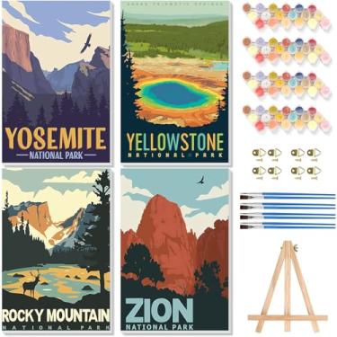 Imagem de Pacote com 4 kits de pintura por números para adultos - cavalete de madeira, pintura do parque nacional por números com moldura, kits de pintura de paisagem adulto por números em tela, pintura a óleo