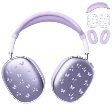 Imagem de BlHMCASE Capa de fone de ouvido para AirPods Max, capa de fone de ouvido transparente de borboleta, capa roxa de silicone para Apple AirPods Max