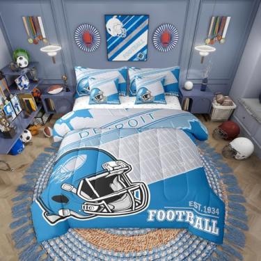Imagem de Erosebridal Jogo de cama Queen com edredom azul para meninos de futebol americano, 7 peças, decoração de quarto de jogadores, esportes de rúgbi, crianças, presente para adolescentes e homens, cinza