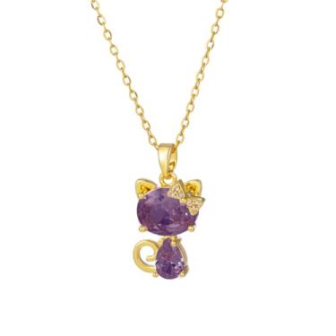 Imagem de Colar feminino com pingente de gato com laço de zircônia cúbica delicada em aço inoxidável 14 K, hipoalergênico, cristal, gatinho, animal, gargantilha ajustável, confortável, fofo, presente de