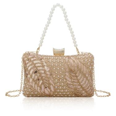 Imagem de Gets Bolsa clutch de pérola branca para mulheres, casamento, noiva, noite, formal, festa, bolsa, bolsa de ombro (folha dourada)