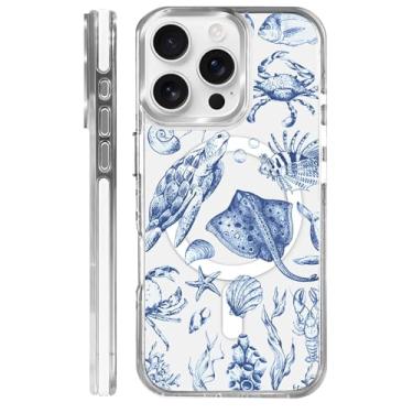 Imagem de CARLOCA Capa magnética para iPhone 15 Pro, tartarugas oceânicas e algas marinhas compatível com carregamento sem fio MagSafe, capa protetora à prova de choque, branco transparente