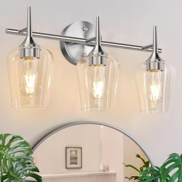 Imagem de MOKATNG Luminárias de banheiro com 3 luzes, luzes de banheiro escovadas de 49,5 cm para banheiro com vidro transparente, luminárias de banheiro sobre espelho, lâmpada de parede moderna para corredor