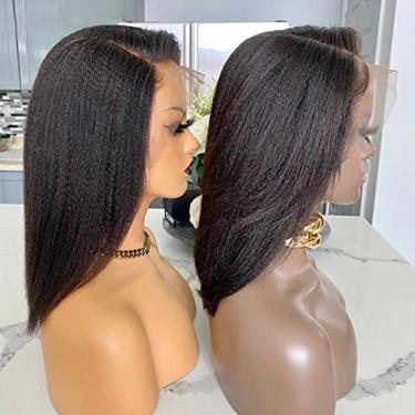 Imagem de Brazilain Perucas de cabelo humano liso crespo para mulheres negras 13x6 Yaki Liso HD Transparente Lace Front Peruca de cabelo humano sem cola, linha fina natural pré-arrancada, peruca bob curta 150%