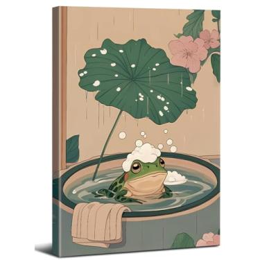 Imagem de Arte de parede de banheiro japonesa emoldurada, impressões de pôsteres de sapo engraçados japoneses vintage, arte de pôster relaxante de animais fofos, arte de pintura zen minimalista para casa e spa
