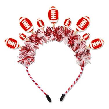 Imagem de NLCAC Faixa de cabeça de dia de jogo com glitter tinsel cabeça de futebol Bopper coroa cabeça de futebol americano acessórios para mães roupas de dia de jogo para mulheres (futebol americano vermelho