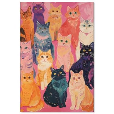 Imagem de OMANI Arte de parede de animal de gato fofo rosa preppy moderno colorido gato pôster dopamina kitsch impressões em tela estética para sala de estar banheiro decoração de parede 40,6 x 61 cm sem