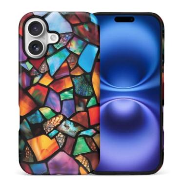 Imagem de ZHEGAILIAN Capa compatível com iPhone 16 (4g), capa rígida híbrida de 2 camadas para meninas, meninos, mulheres, homens, mosaico de vidro colorido
