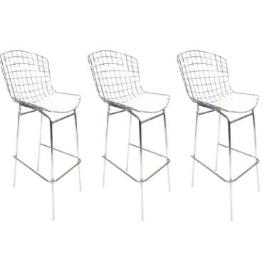 Imagem de Kit 3 Banquetas Bertoia Cromada assento branco tubular altura 70cm - P