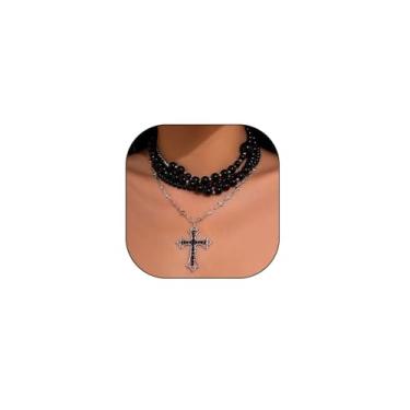 Imagem de Colar punk em camadas com pingente de cruz e corrente de pérolas, gargantilha preta grossa com contas, hippie, gótico, preto, colar cruzado, joia grossa, one size, Zinco, Sem Pedra Preciosa