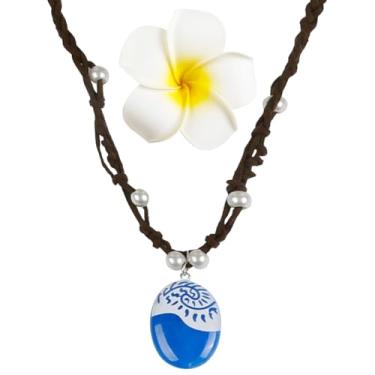 Imagem de WOVOWOVO Conjunto de acessórios para cosplay de princesa - Colar azul com clipe de cabelo de flor havaiana para fantasia feminina, colar mágico, fantasia de Halloween, lembrancinhas de festa de