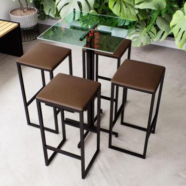 Imagem de Conjunto Mesa Alta Bar Bistrô Quadrada Vidro 4 Bancos Estofado Industr