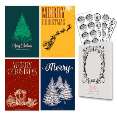 Imagem de Cartões de Natal, cores vibrantes e padrões clássicos em cartolina pesada, designs vintage sortidos para saudações de família, inclui mensagem pré-impressa, cartões de Natal embalados com envelopes e