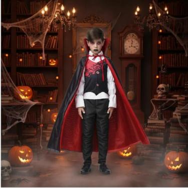 Imagem de Fantasia Vampiro Drácula Infantil Luxo Halloween Festas Tamanho P -2 a 4 anos;Cor:Vermelho