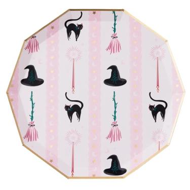 Imagem de Bonjour Fete Chapéu de bruxa e vassoura pratos grandes de festa de papel | Pratos de jantar grandes descartáveis para Halloween, festas à fantasia e aniversários perversos | Suprimentos e decorações