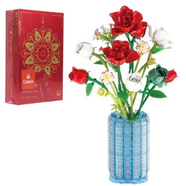 Imagem de Blocos De Montar Flor No Vaso Rosas Vermelhas e Brancas 1022 Peças - Castela