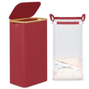 Imagem de efluky Cesto de roupa suja fino com tampa, cesto de roupa estreito com bolsa removível, cesta de roupas sujas skinny com alças de bambu para banheiro, quarto e lavanderia, vinho 75L