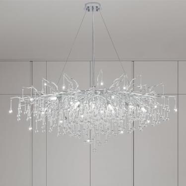 Imagem de NIUZDU Lustres para sala de jantar - Lustre de cristal prateado moderno de 120 cm, lustre de gota de chuva de galho de árvore redondo, lustres de hall de entrada para entrada, sala de estar, quartos