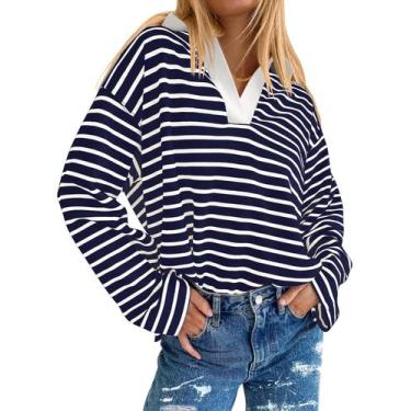 Imagem de Camisa polo listrada de manga comprida AKEWEI  Moda feminina 2024
