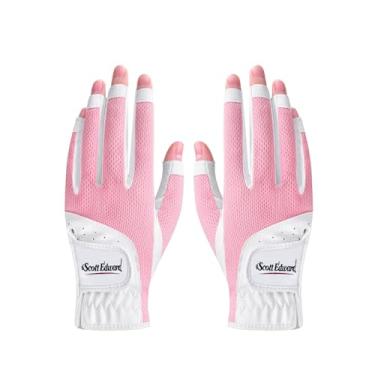Imagem de Scott Edward 1 par de luvas de golfe femininas de dedo aberto, pacote com 2 luvas de golfe sem dedos, mão esquerda e direita, tecido de malha respirável de poliuretano e microfibra, legal e