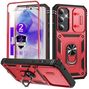 Imagem de YmhxcY Capa para Galaxy A55 5G com capa deslizante para câmera, 2 películas de vidro temperado, suporte de anel giratório de 360°, capa protetora de grau militar para Galaxy A55 5G 16,8 cm - Vermelho