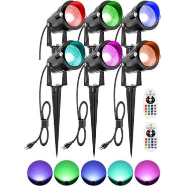 Imagem de ZUCKEO Holofotes de Natal RGBW Luzes LED para quintal, iluminação de paisagem com mudança de cor de 10 W 120 V holofote à prova d'água com plugue e controle remoto para decoração de árvore (6 unidades