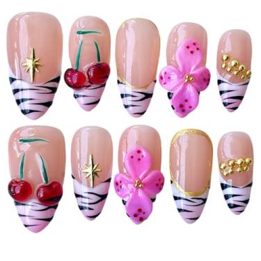 Imagem de Unhas feitas à mão, design de flor de cerejeira 3D, formato de amêndoa média, rosa nude com pontas de zebra preta, unhas postiças acrílicas reutilizáveis (jardim selvagem, G)
