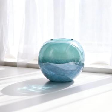 Imagem de Vaso de vidro azul-petróleo de 18 cm para flores, vaso decorativo gradiente soprado à mão para decoração de casa, peça central, mesa de jantar, prateleira, cornija, banheiro, entrada, bancada