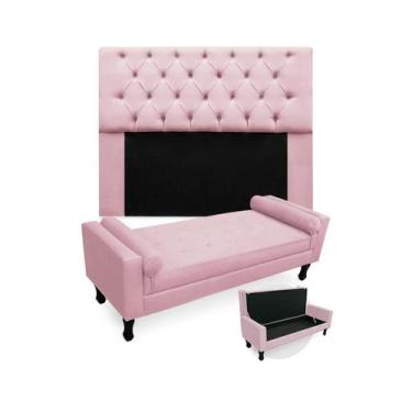 Imagem de Conjunto Cabeceira Mirage Com Recamier Baú Fenix King 195 cm Suede Ros