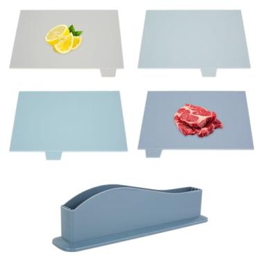 Imagem de WhSunVo 4 peças de tábua de corte com suporte e índice codificado por cores, conjunto de tábua de corte reversível, conjunto de tábua de corte empilhável para vários alimentos