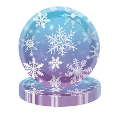 Imagem de KFJBPB 50 peças de pratos de papel de floco de neve de inverno 18 cm, pratos descartáveis de sobremesa de bolo de Natal com floco de neve azul para decorações de festa de inverno no país