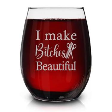 Imagem de Lerime66 Taça de vinho sem haste gravada I Make B*Tches Beautiful - Presentes engraçados para cabeleireiros - Presente de taça de vinho para mulheres - Cabeleireiros - Ideia de presente de aniversário