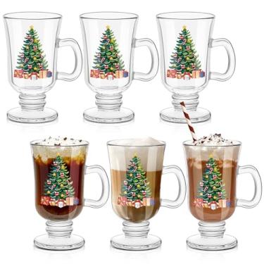 Imagem de Sliner 6 peças de canecas de café para árvore de Natal canecas de café de vidro irlandês 227 g copos de café expresso com pés de vidro com alças, canecas de cálice transparente copos para café, latte,