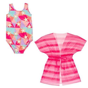 Imagem de Kit Maiô Praia + Saída De Praia Vestido Tule Infantil Menina - Fofotin