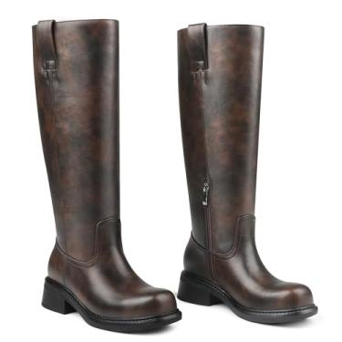 Imagem de Zzheels Botas femininas cano alto bico quadrado salto baixo grosso zíper botas altas botas campus, Marrom escuro, 39