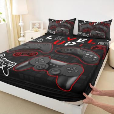 Imagem de Jogo de cama solteiro para jogos, videogame, 2 peças, preto e branco, para decoração de quarto de crianças, meninas, meninos, adolescentes, lençol com elástico alto, 1 fronha