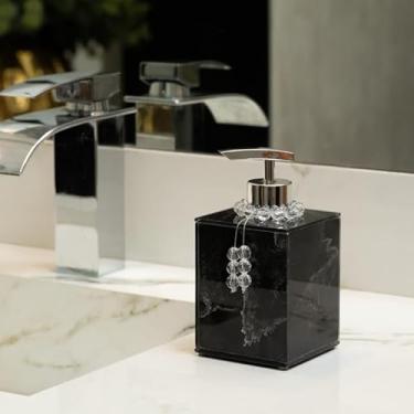Imagem de Saboneteira Líquido 250ML Porta Sabonete Decorativo De Vidro EFEITO MÁRMORE Porta Álcool Gel Porta Sabonete Líquido (Preto e prata com enfeite,Unid)