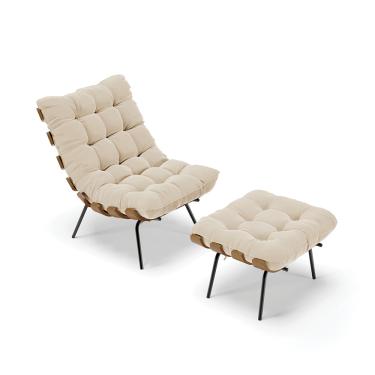 Imagem de Kit 01 Poltrona e 01 Puff Costela Suede Bege Base Metálica Preto - D'Rossi